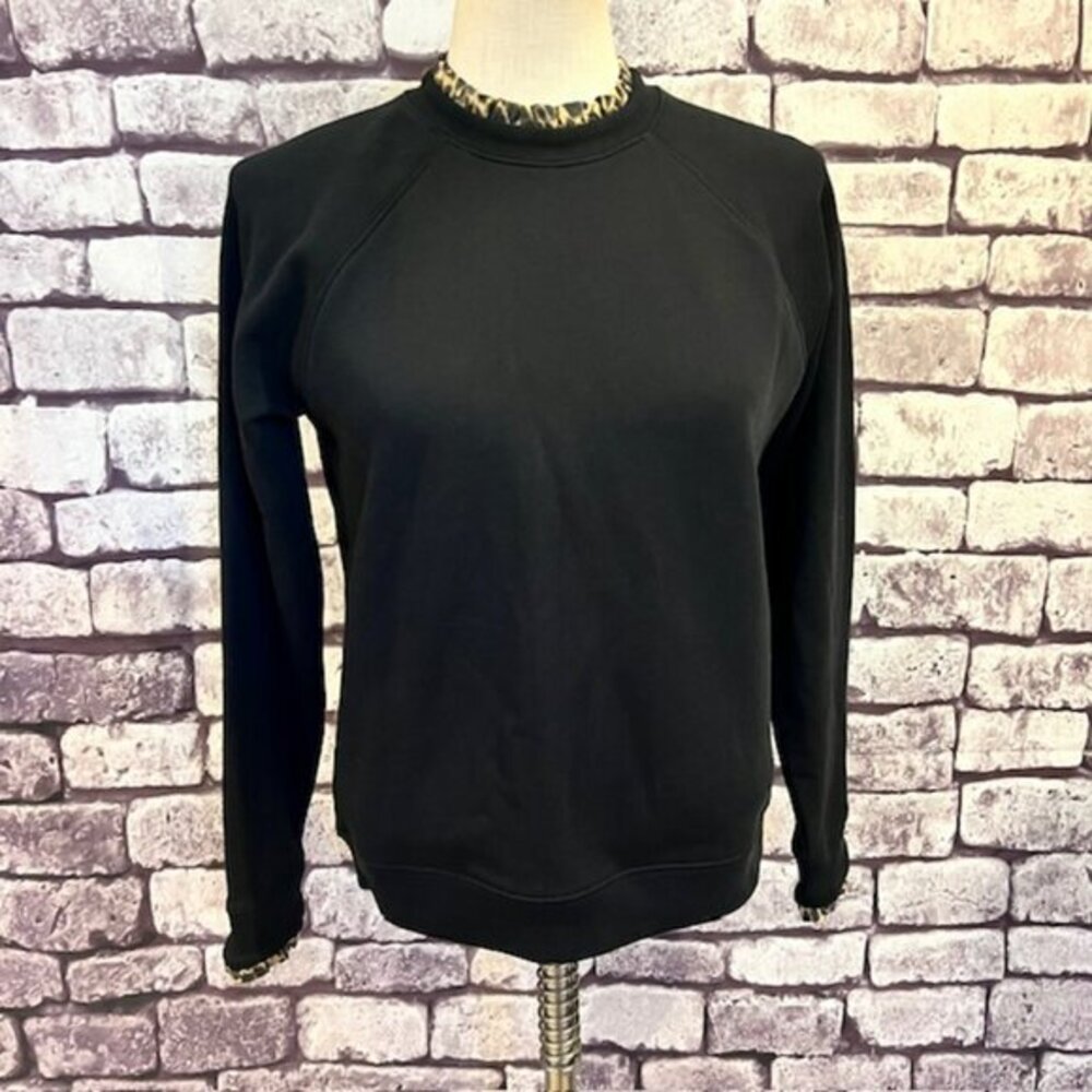 J. Crew Black Long Sleeve Pullover Sweater W/ Animal Print Trim Size S